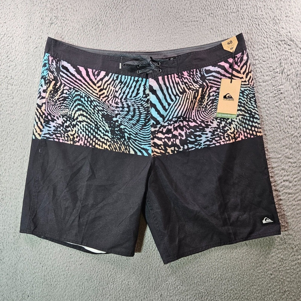 NWT Quiksilver Board Shorts Swim Trunks Men 40 No Liner 20" Green Pattern Black